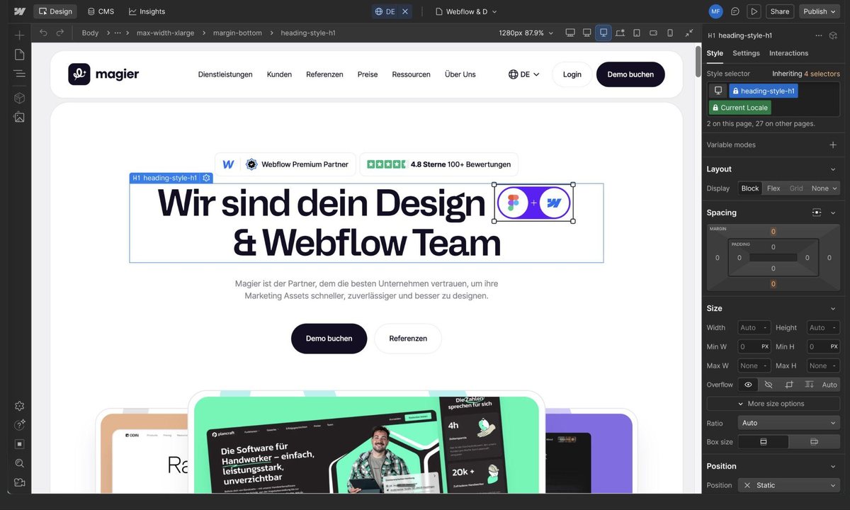 The magier.com homepage, built and operated on Webflow Enterprise.