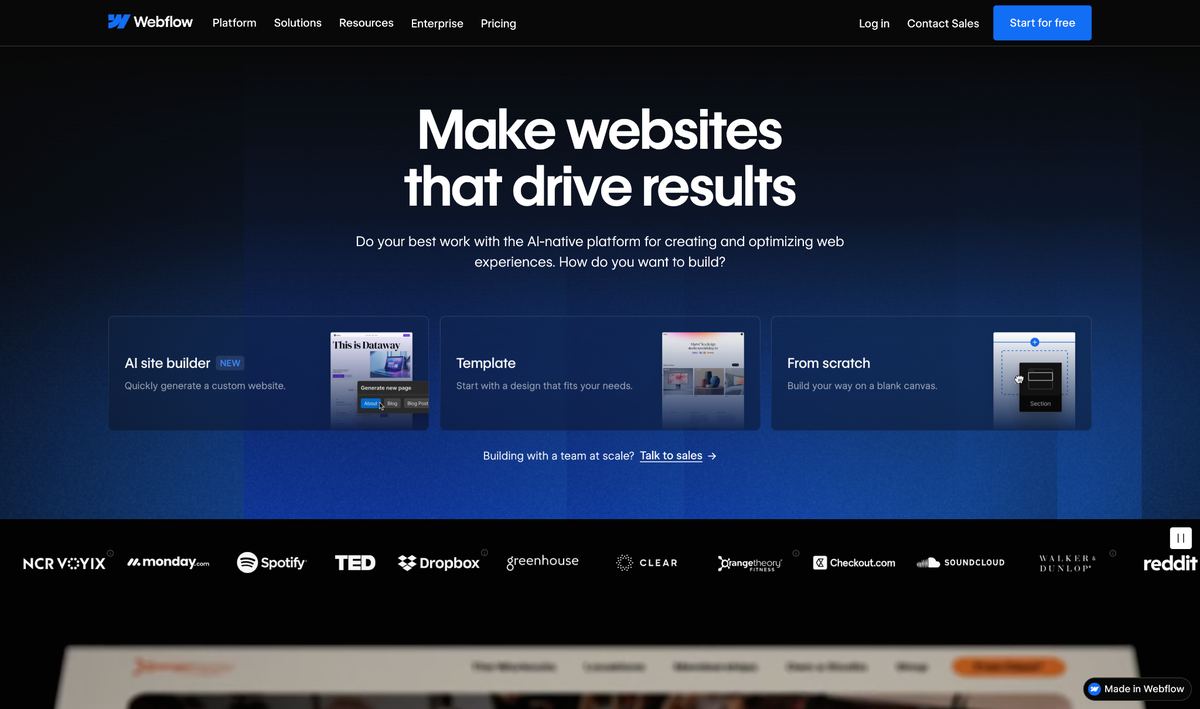 The Webflow platform: a visual canvas with the site structure on the left, the page on the centre canvas, and style controls on the right.
