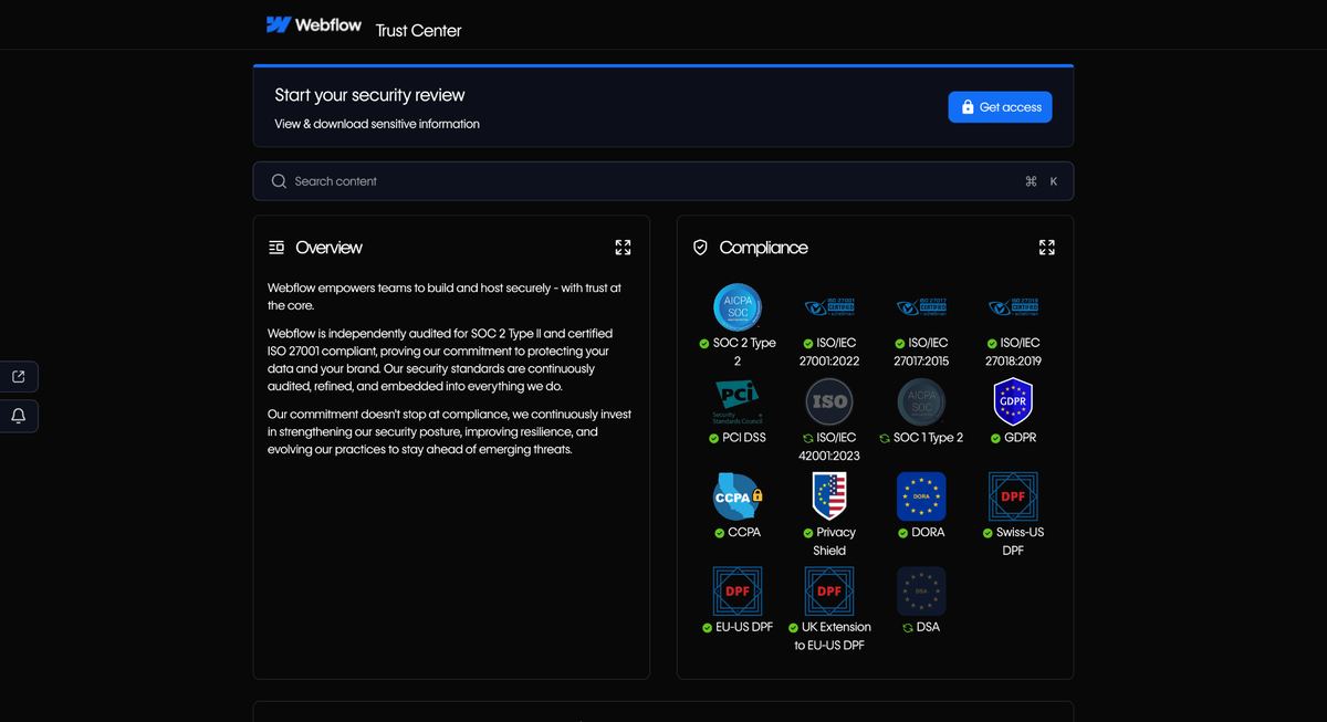 The Webflow Trust Center, listing compliance certifications and reports available for download.