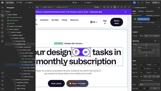 The Webflow Designer canvas beside its generated markup, showing semantic HTML5 elements and design-system class names.