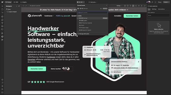 Webflow Localization in the Designer, showing locale switching and country-coded content for DACH markets.