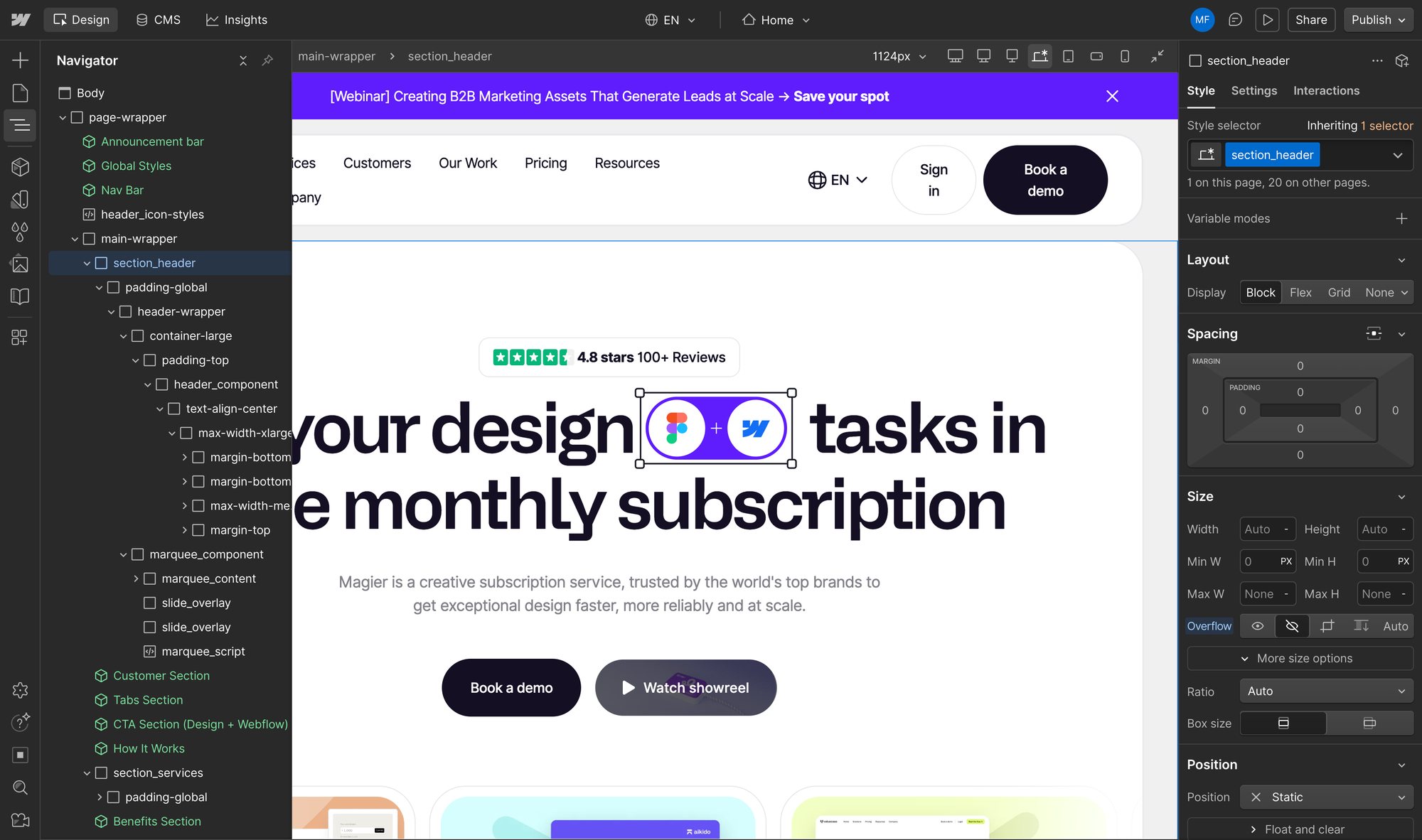 Der Webflow Designer: links der Seitenbaum, in der Mitte die Arbeitsfl&auml;che, rechts die Stileinstellungen.