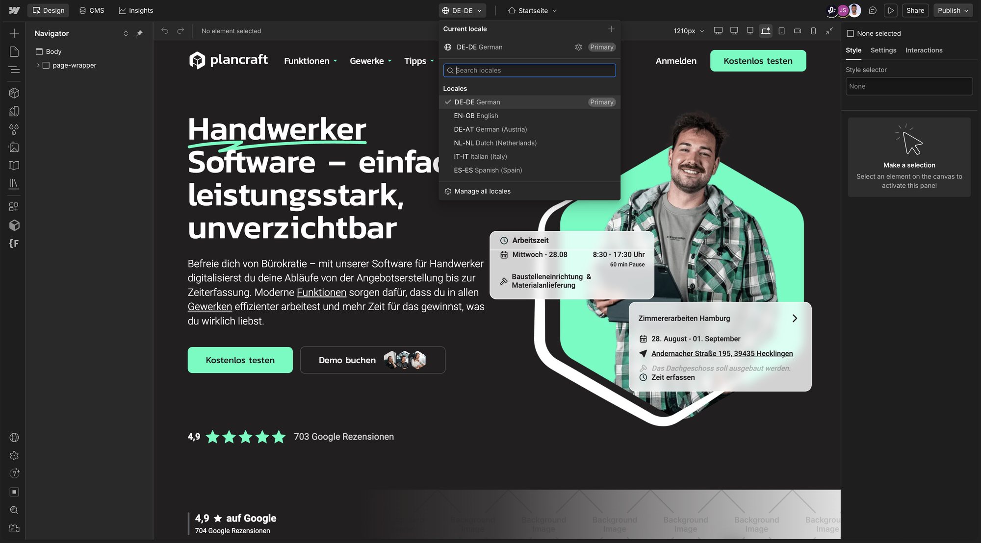 Webflow Localization im Designer: der Wechsel zwischen Sprachversionen und l&auml;nderspezifische Inhalte f&uuml;r die DACH-M&auml;rkte.